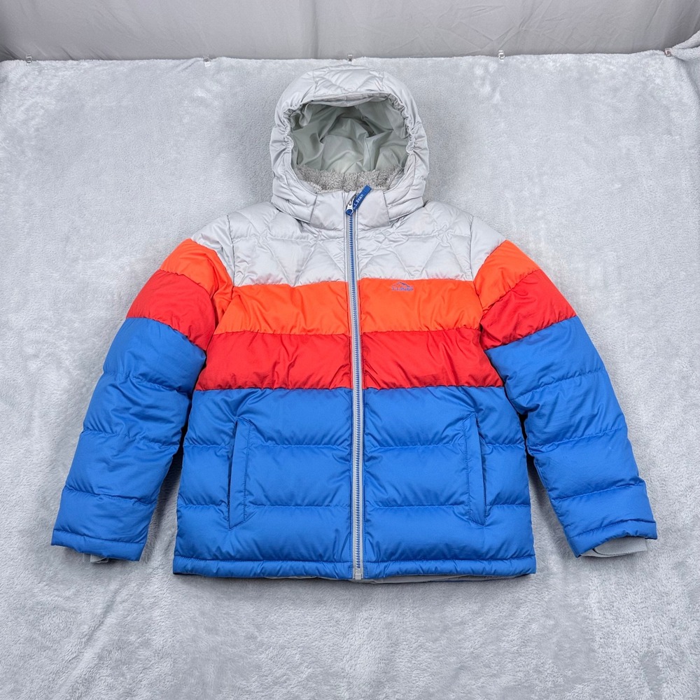 LL Bean DownTek Puffer Jacket Kids Large 14-16 Colorblock Fleece Lined Hooded